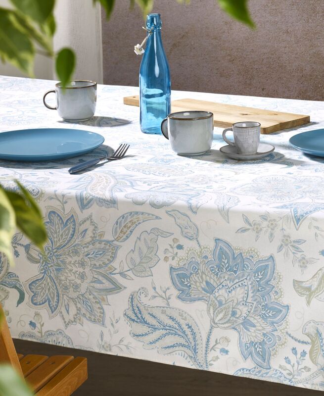 PERSE BLUE ALLOVER Acrylic Cotton Coated Tablecloths - French Oilcloth Spill Proof Easy Wipe Off Fabric - Round Rectangle Table Covers - Indoor Outdoor Party Table Decor
