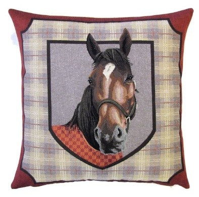 HORSE BRANDY TARTAN Tapestry Pillow Covers are woven on a Jacquard loom (crafted with true traditional tapestry technique) with 100% high quality cotton thread, lined with a plain beige cotton backing and close with a zipper. Size: 18" X 18"