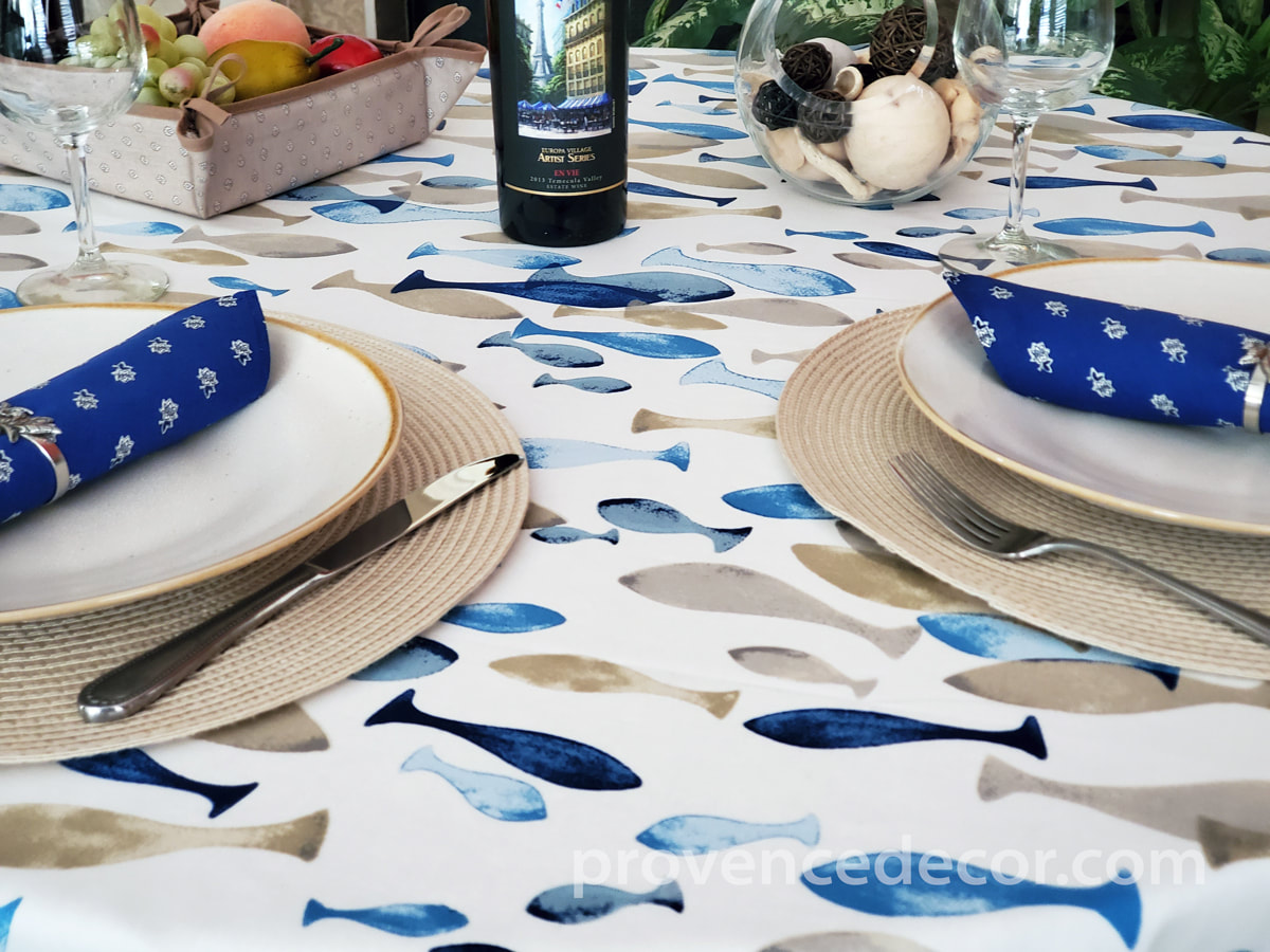 OCEAN BLUE BEIGE Acrylic Cotton Coated Table cloths - French Oil cloth  Spill Proof Easy Wipe Off Party Tablecloths - Ocean Fish Beach Lovers  Indoor Outdoor Party Table Cover - Home Decor Gifts